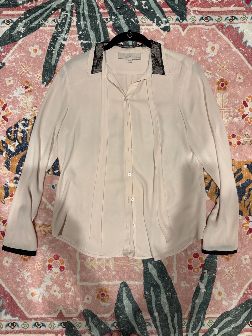 LOFT Cream Button-Front Blouse with Black Lace Collar